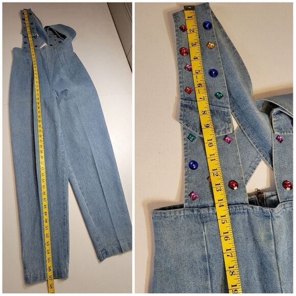 My Michelle Vintage Jumpsuit Overalls Denim Plunging Neckline Colorful Gemstones - Picture 15 of 16
